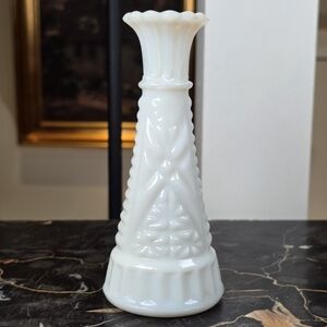 Geometric Milk Glass Bud Vase 6" Vintage Mid-Century White Decor Scalloped Rim